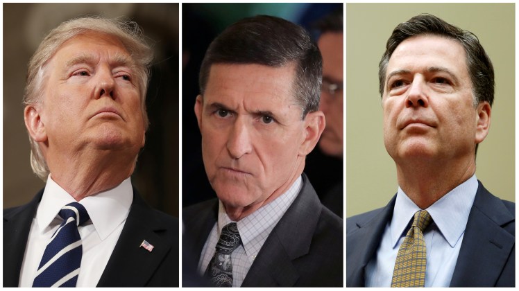 FILE PHOTO: A combination photo shows U.S. President Donald Trump, White House National Security Advisor Michael Flynn and FBI Director James Comey in Washington